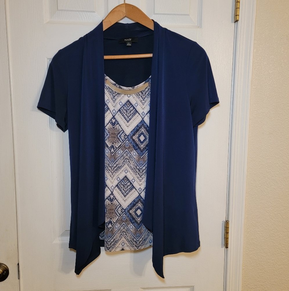 Naif Aztec print navy blue shirt/blazer combo L